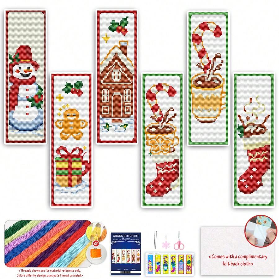 14CT Printed Cross-Stitch Bookmark Kit Includes 6 Bookmarks, Christmas Decorations Designs, Along With Instructions, Embroidery Floss, Fabric, And An Embroidery Needle. For Beginners And Craft Enthusiasts.