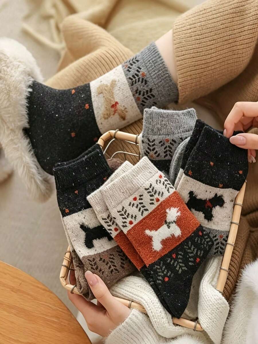 1/5/10 Pairs Vintage Fair Isle Puppy Comfortable Soft Warm Mid-Calf Socks, Long Socks, Cute Socks For Autumn And Winter - Multicolor - View 1