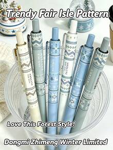 1/4pcs Winter Limited Fair Isle Sweater Pattern Quiet Click Neutral Pens, 4pcs Gift Box Set Ballpoint Pens, Quick-Drying Black Ink Pens, Vintage Mori Style High-Value Student Exam Prep Planner Stationery, Office And Study Supplies - Christmas Collection - View 1