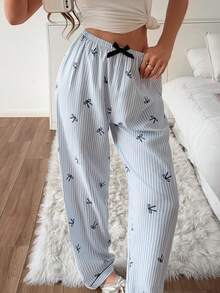 1pc Women's Comfortable Blue & White Striped Bow Print Long Pajama Pants, Soft Polyester, Non-Sheer - Blue - View 3