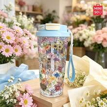 MINISO Transparent Water Cup, Cute Little Goldfish Pattern Coffee Cup, Clean And Refreshing, 550ML Transparent Water Cup, Straw, Travel, Easy To Carry; Valentine's Day Gift. - Baby Blue - View 1