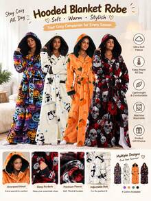 Halloween Winter Warm Bathrobe, Winter Warm Hooded Bathrobe, Winter Warm Bathrobe - Multicolor - View 3