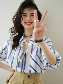 YUXIN Women's French Style Blue Stripe Shirt Oversized Collared Button Up Long Sleeve Fresh Casual Top For Vacation Date Weekend Office Fall Wear - Blue - View 8