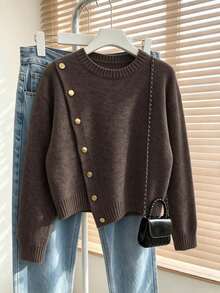 Elegant Women's Grey Long Sleeve Sweater, Rib-Knit With Stylish Asymmetrical Design And Gold Button Embellishments For Fall Winter - Brown - View 1