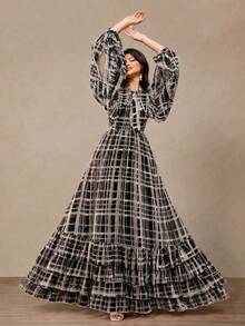 Women's Elegant Long Sleeve Modern Fashion Plaid Print Patchwork Design High-End Elegant Luxury Flare Dress - Multicolor - View 7