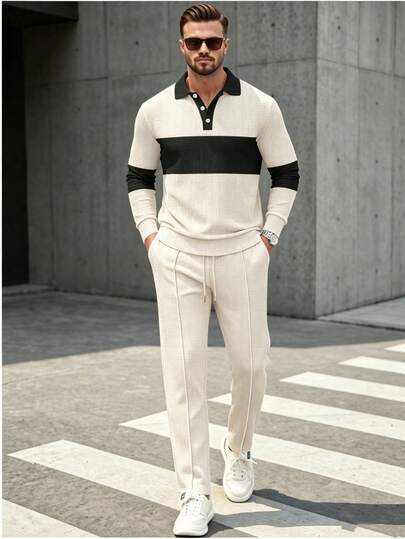 Men's 2 Pieces Outfit, Color Block Spliced Lapel Long Sleeve Polo & Drawstring Pants, Thin Spring Autumn Casual Suit, Gift For Boyfriend