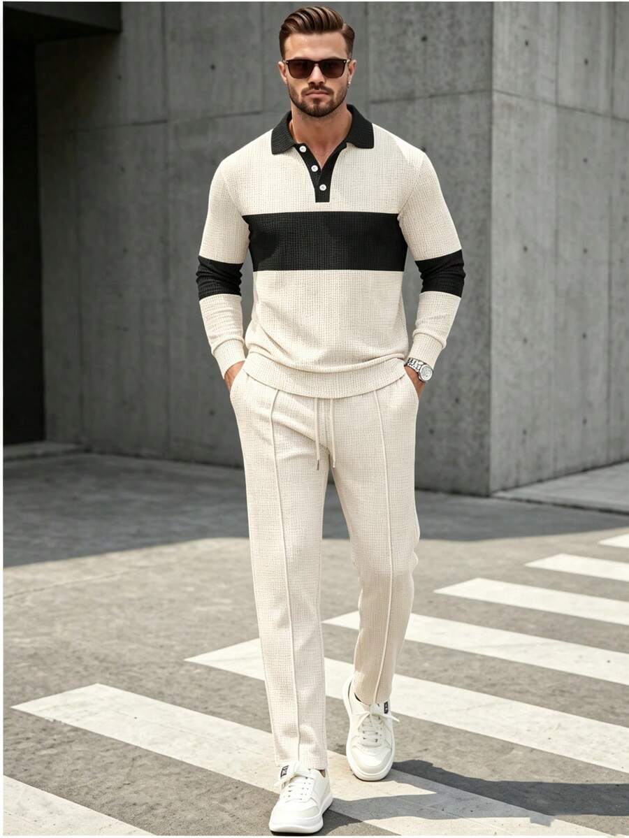 Men's 2 Pieces Outfit, Color Block Spliced Lapel Long Sleeve Polo & Drawstring Pants, Thin Spring Autumn Casual Suit, Gift For Boyfriend - Khaki - View 1