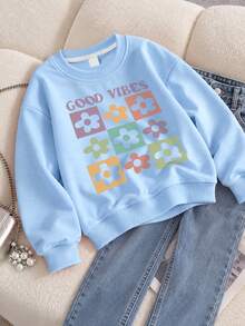 Girls Light Blue Crew Neck Sweatshirt, GOOD VIBES & Colorful Checkered Flower Loose Pullover Top - Blue - View 1