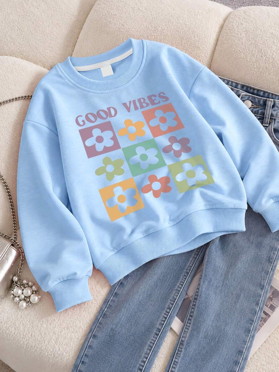 Girls Light Blue Crew Neck Sweatshirt, GOOD VIBES & Colorful Checkered Flower Loose Pullover Top - Blue - View 1