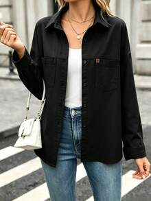 Women's Solid Color Front Button Pocket Casual Shirt Black - Black - View 2