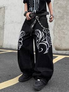 1pc Casual Loose Fit Embroidered Straight Leg Jeans, American Street Style, Suitable For All Seasons, No Belt & Accessories - الأسود - مشاهدة 3