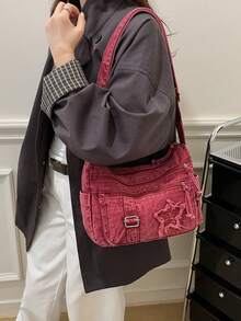 休閒時尚軟牛仔布多層斜挎包，多口袋設計，大容量百搭通勤女款單肩包，適合通勤使用 - 紅色 - 查看 5