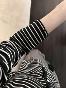 2pcs Women's Pajama Set, V-Neck Cardigan Striped Print Long Sleeve Pants, Easy Care Fabric - Black and White - View 7