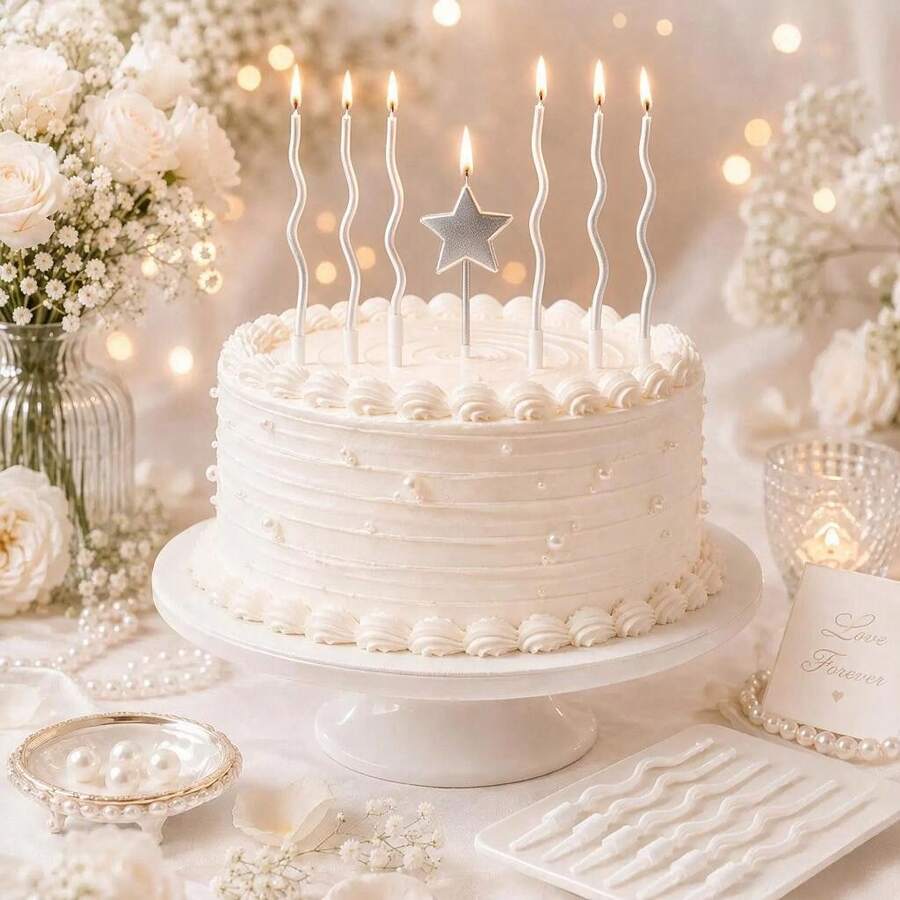13pcs Birthday Cake Candles Set, Includes 12 Pearl White Wavy Curve Candles + 1 Silver Star Shaped Candle, Elegant Minimalist Texture. Long Stem Design Easy To Insert Into Cake, Suitable For Birthday Party, Anniversary, Dessert Table Decoration. Exquisite Design For Photo-Worthy, Candles, Creating Romantic Celebration Atmosphere - View 1