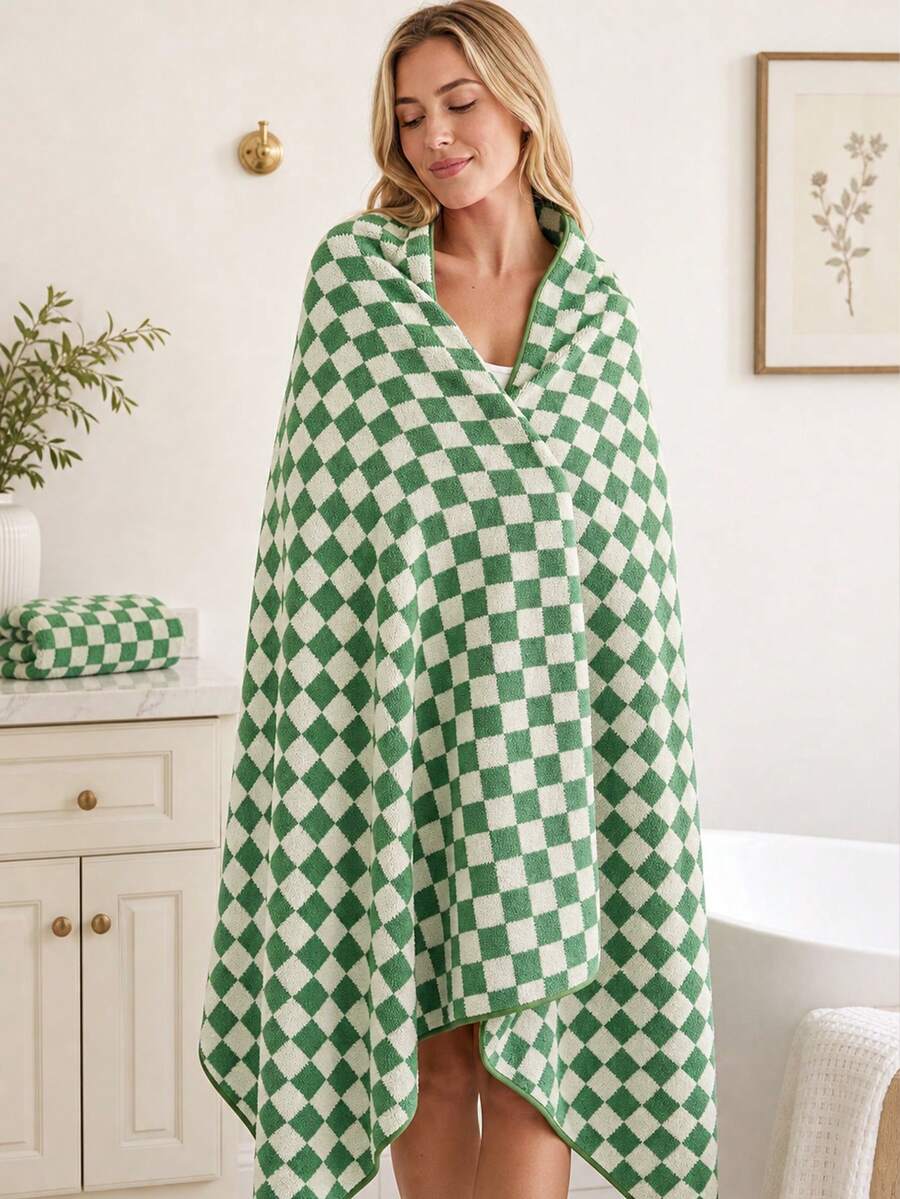 1pc/2pcs - Checkerboard Pattern Bath Towel & Hair Drying Cap, Bath Towel Size 90*170 Cm, Matching Checkerboard Pattern Hair Drying Cap, Soft And Thick, Quick-Drying. Classic Checkerboard Appearance, Skin-Friendly Fabric, No Shedding. Multiple Colors Available, Home Bathing, Combining Aesthetics And Practicality. - Multicolor - View 1
