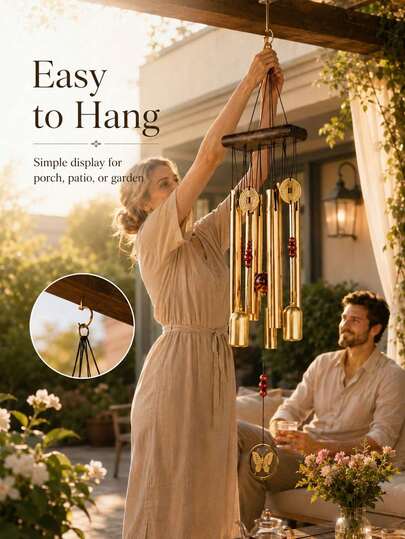Butterfly Wind Chimes Outdoor, Chinese Style Brass Wind Chime With Wooden Top Coin Pendant And S Hook For Garden Decor For Home Garden And Patio Use And Storage