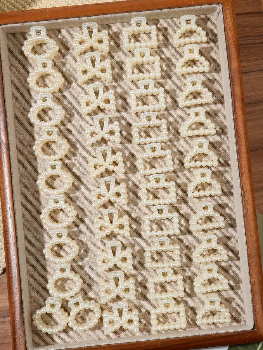 40件組法式迷你珍珠鏤空圓形蝴蝶結正方形幾何小髮夾,簡約甜美溫柔瀏海/側髮飾品 - 奶白珍珠款 - 查看 1