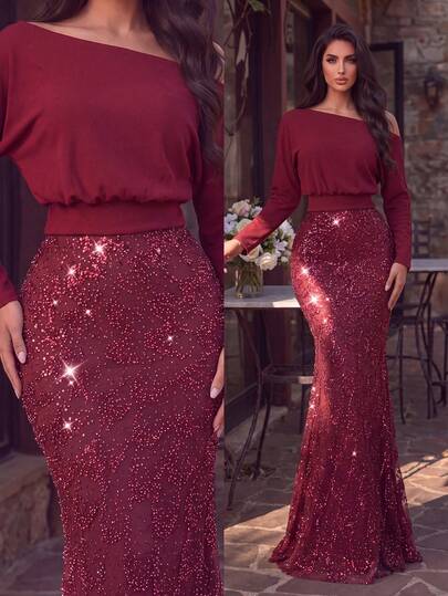 Faeriesty Elegant Asymmetrical Neckline Sequin Mermaid Long Dress, 3/4 Sleeve, Women's New Year Celebration Glamorous Formal Evening Gown