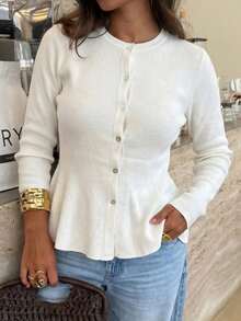 Women's Casual Button-Front Long Sleeve Sweater Top, Autumn - White - View 8