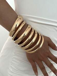 7pcs Multi-Layer Stackable Fashion Minimalist Elegant Exquisite Vintage Design Metal Polished Plain Geometric Round Chunky Bangle Bracelet Set, Holiday Vacation Party Date Gift, Daily Commute Wear, Personalized - Yellow Gold - View 4