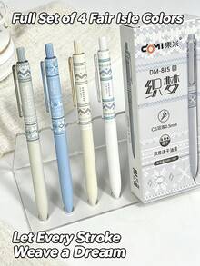 1/4pcs Winter Limited Fair Isle Sweater Pattern Quiet Click Neutral Pens, 4pcs Gift Box Set Ballpoint Pens, Quick-Drying Black Ink Pens, Vintage Mori Style High-Value Student Exam Prep Planner Stationery, Office And Study Supplies - Christmas Collection - View 9