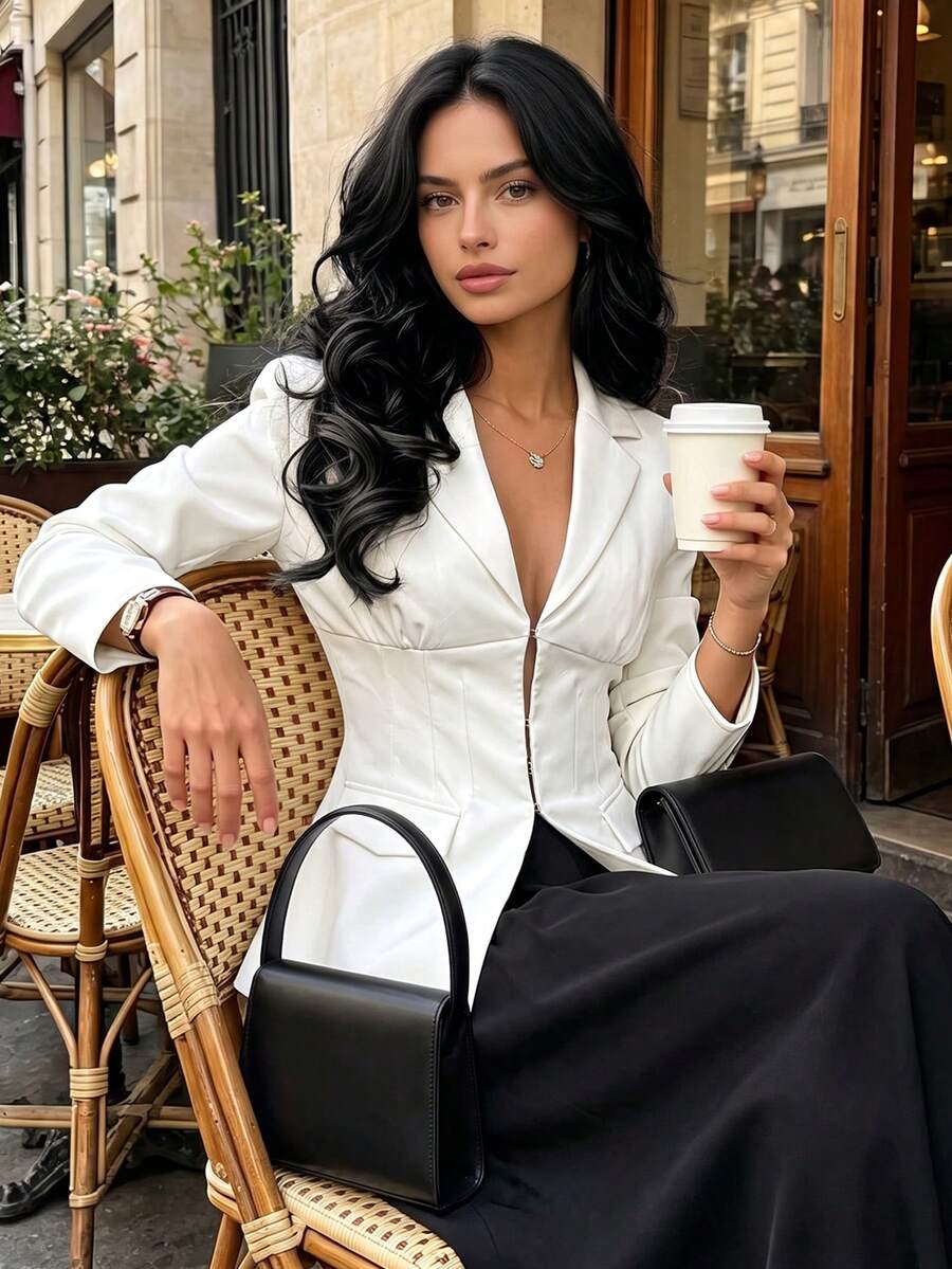 Vuslat 女款秋季優雅高智感純色挺括肩深V領西裝外套,適合通勤、商務、晚宴、聖誕節 - 白色 - 查看 1
