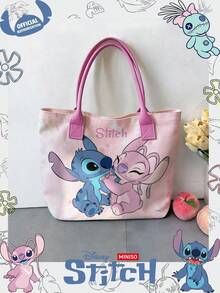 Miniso Disney Stitch & Angel Pink Tie-Dye Canvas Tote Bag, Casual Shoulder Bag With Handle, Suitable For Daily Use - Pink - View 7