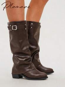 planare New Women's Fashion Ruched Brown Tall Boots With Metal Buckle Vintage Slip-On Pointed Toe Chunky Heel Western Cowboy Boots - Brown - View 2