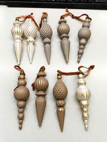 9pcs=1set 5.71 Inch Shatterproof Plastic Christmas Tree Hanging Ornaments, Vintage Neutral Copper, Brown, Cream And Taupe Pointed Ball Shaped Decorations With Ribbed Plaid Texture And Hanging Rope Loops, Suitable For Window Display, Fireplace Mantel, Party And Winter Holiday Decor - Multiple Styles - View 9