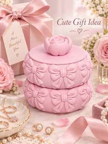 Pink Stackable Jewelry Box With Rose Lid, Embossed Bow Jewelry Organizer For Earrings, Necklaces & Bracelets, Round Trinket Storage Box For Vanity - Pink Flowers - View 4
