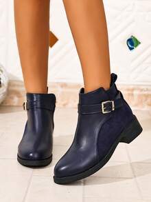 Women's Autumn/Winter Solid Color Dual-Panel Fabric + Metal Buckle Side Zipper Design, Suitable For Daily Commute And Gatherings, Pairs Elegantly With Coats + Skirts, Versatile For Multiple Styles, Comfortable Flat Sole, Suitable For Long-Term Wear, Breathable Fabric Lining, Easy-To-Clean Upper, Fashionable British Autumn Ankle Boots - Navy Blue - View 4