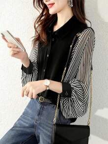 YUXIN Spring & Summer Korean Style Striped Patchwork Blouse, Lantern Sleeve Chiffon Patchwork, Loose Fit, Casual Daily Wear Top For Women - Stripe - View 8