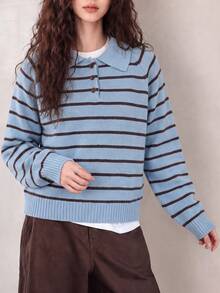 Women's Autumn/Winter Fashion Casual Minimalist Striped Collared Pullover Sweater - Light Blue - View 4