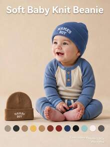 1PC Toddler "MAMA'S BOY" Embroidered Knit Beanie Hat, Foldable Warm Elastic Winter Cap, Cute Daily Outdoor Head Protection Hat - Multicolor - View 1