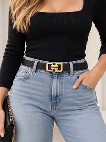 Geometric Snap Button Versatile Solid Color Minimalist Belt Fashion Waistband - Black - View 2