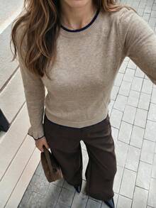 Women's Ribbed Knit Long Sleeve Crew Neck Top, Regular Fit Contrast Trim Knit Sweater, Suitable For Autumn/Winter/Spring Daily Wear - Multicolor - View 4
