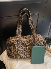 Printed Pattern Luggage Bag With Front Pocket And Large Capacity, Handheld Storage For Clothes And Personal Items, Zipper Closure, Vintage Hot Girl Style Travel Bag, Suitable For Short Trips, Shopping And Outings, For Girls Who Like Personalized Vintage Outfits - Brown - View 9
