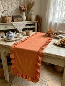 1pc Vintage Orange Ruffle Edge Table Runner, Suitable For Dining Table, Daily Home, Holiday Gathering, Afternoon Tea, Party Decoration, Lightweight Breathable Washable And Reusable - Orange - View 3