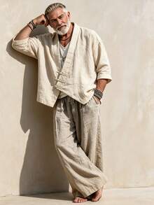 GOLDREDY New Chinese Style Men's Pure Cotton Diagonal Collar Cardigan With Frog Buttons, V-Neck Long Sleeve Top And Loose Wide Leg Pants, Zen Inspired 2 Pieces Set - Apricot - View 5