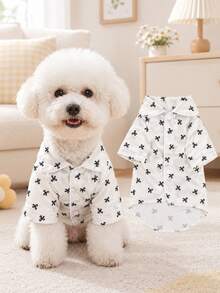 Breathable Comfortable Satin Pet Pajamas, White Base With Bow Print, Non-Stretch, Suitable For All Seasons, Fit For Small Dogs And Cats, Teddy, Bichon, Home Wear (Size Runs Small, Recommend Choosing 1-2 Sizes Larger) - White - View 2