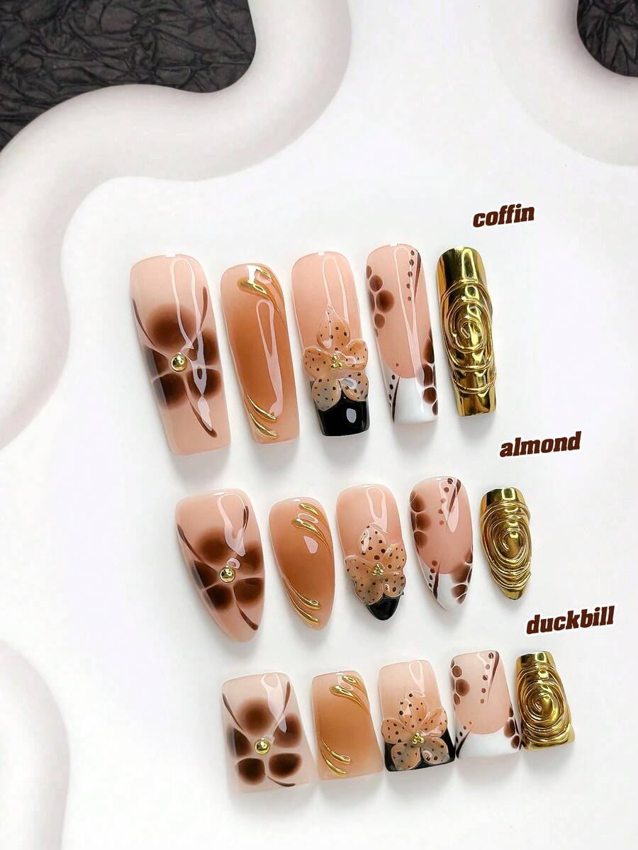 10片手工軟膠穿戴甲,Poly Gel美甲套組,花卉棕色與黑色配色,奢華風格,附美甲工具,3種尺寸可選,杏仁/鴨嘴/棺材形,適合派對、跳舞、日常佩戴(手工細節可能有所不同) - 彩色 - 查看 1