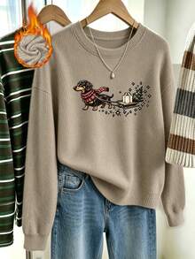 Women's Plus-Size Casual Crew-Neck Faux-Knit Sweater With Dachshund Graphic Print – A Versatile Top For Autumn And Winter, Perfect As A Christmas Gift - Camel - View 5