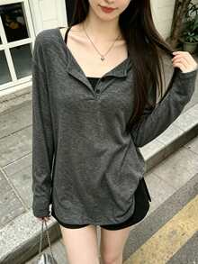 Plus Size Casual Long Sleeve Cover-Up Loose Fit Daily Commute Slouchy Minimalist Versatile Women's Top - Dark Grey - View 4