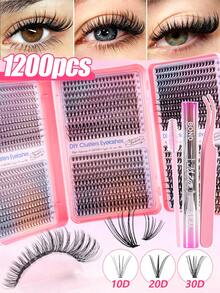 MEM 1200pcs DIY Eyelash Bundles, Fluffy D-Shaped Curly Hair Extensions, 9-16mm Mixed Length Design, Suitable For Various Makeup Looks, Including Mascara, Tweezers, Suitable For Daily Use, Gatherings, Halloween, Christmas - Black - View 1