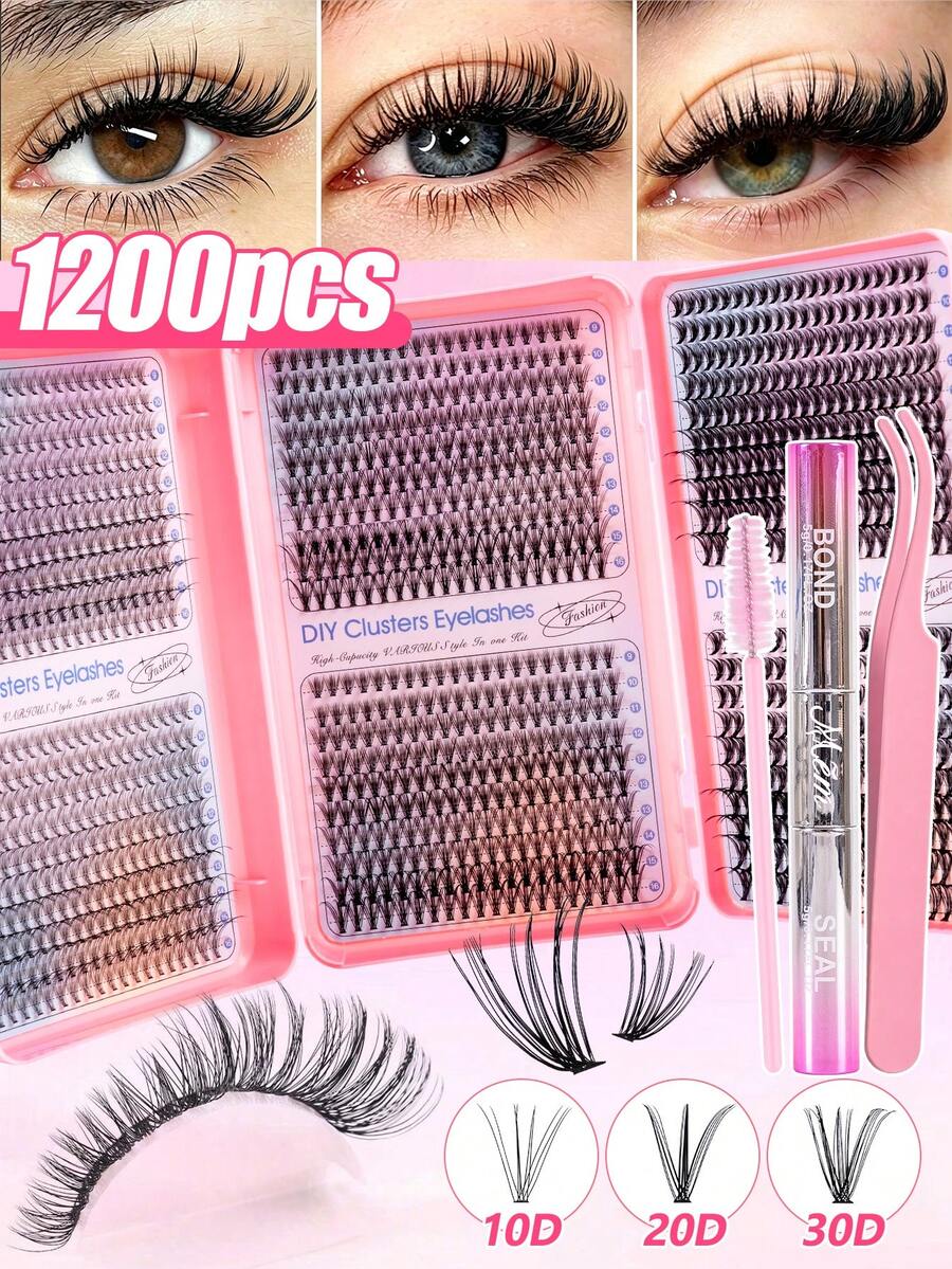 MEM 1200pcs DIY Eyelash Bundles, Fluffy D-Shaped Curly Hair Extensions, 9-16mm Mixed Length Design, Suitable For Various Makeup Looks, Including Mascara, Tweezers, Suitable For Daily Use, Gatherings, Halloween, Christmas - Black - View 1