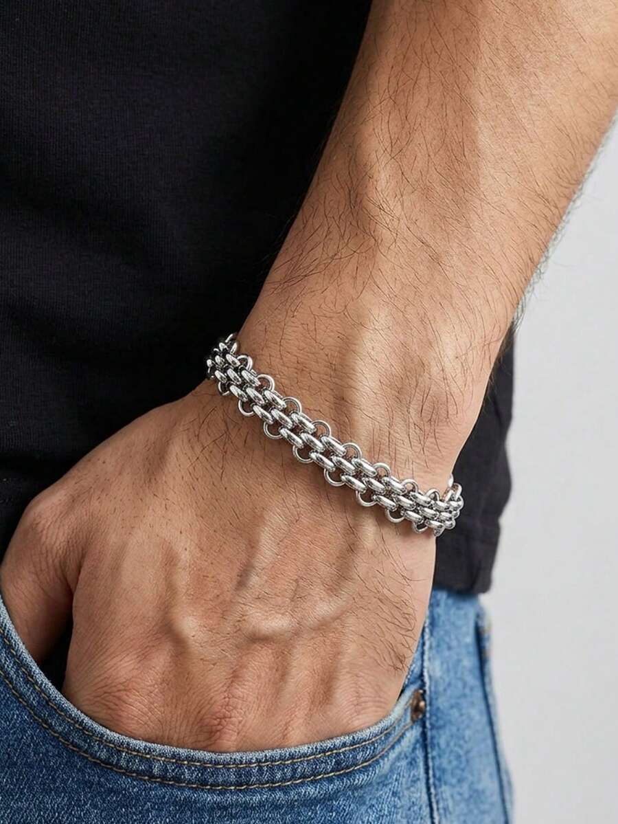 1件男士不鏽鋼 interlocking 鏈條手鍊,日常街頭風時尚配件 - 銀色 - 查看 1