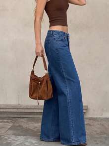 Asymmetrical Waistband Denim Jeans For Women, New Mid-Waist Design With Diagonal Buttons, Straight Leg Long Pants - Dark Wash - View 6