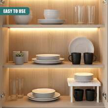 Geezy Stackable Square Shelf Insert - Small Kitchen Cupboard Organiser & Pantry Cabinet Counter Storage Rack - White Space Saving Plastic Stand For Mugs, Plates, & Bowls - View 6