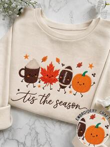 Tis The Season Fall Embroidery Design, Thanksgiving Football Machine Embroidery, Cozy Sport Mom, Women's Drop Shoulder Casual Crew Neck Long Sleeve Sweatshirt - Multicolor - View 3