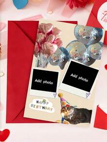 Customizable Photo Birthday Card, Cream Apricot Background, 2 Photo Slots, Pink Hearts, Balloons, Disco Ball, Party Hat, Cat, Colorful Letter Candles, Cute Humorous Birthday Celebration Card With Envelope - Multicolor - View 5